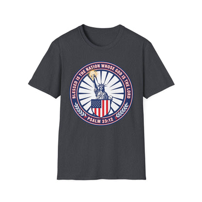 Blessed Is the Nation Whose God Is the LORD Christian Patriotic Softstyle T-Shirt - Psalm 33:12