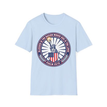 Blessed Is the Nation Whose God Is the LORD Christian Patriotic Softstyle T-Shirt - Psalm 33:12