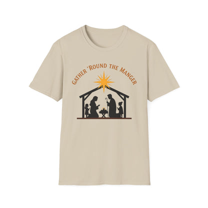 Gather 'Round the Manger Unisex Softstyle Christian Christmas T-Shirt