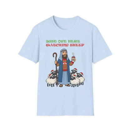 Funny Bethlehem Shepherd Christmas T-Shirt Just Out Here Watching Sheep